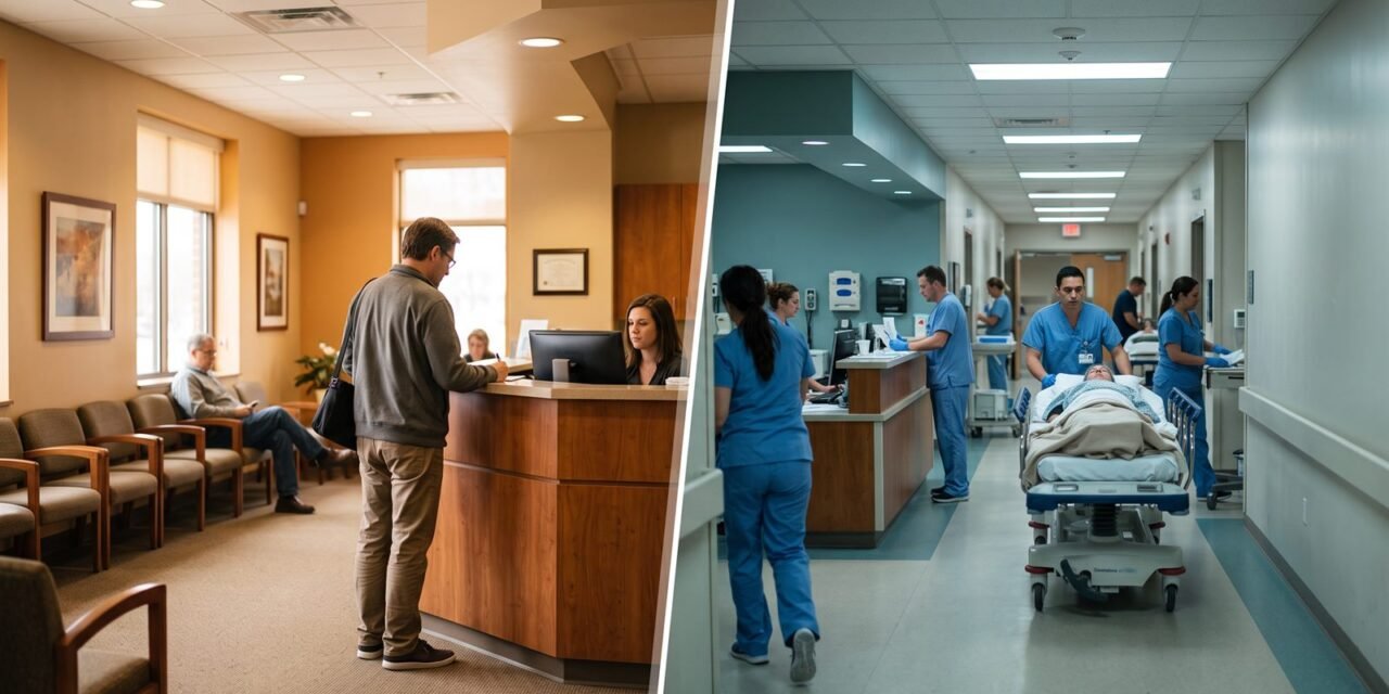 Split image: a calm network clinic reception on the left, a busy hospital emergency department on the right