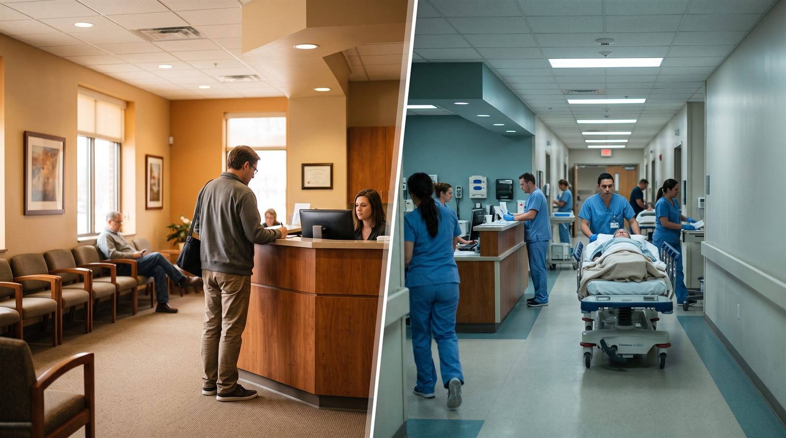 Split image: a calm network clinic reception on the left, a busy hospital emergency department on the right
