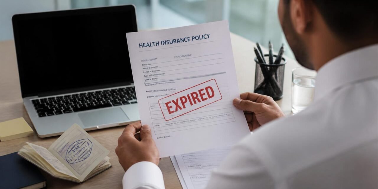 UAE resident reviewing an expired health insurance policy document alongside a residency visa page
