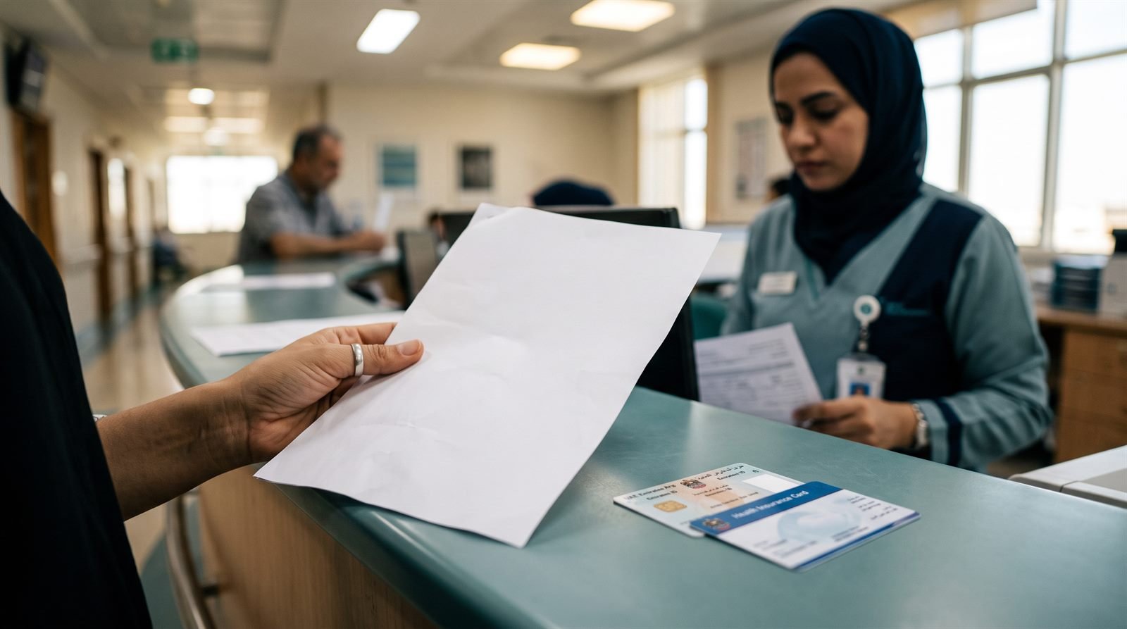 A patient hands a clinic referral letter across a hospital admissions desk, with an Emirates ID and health insurance card on the counter