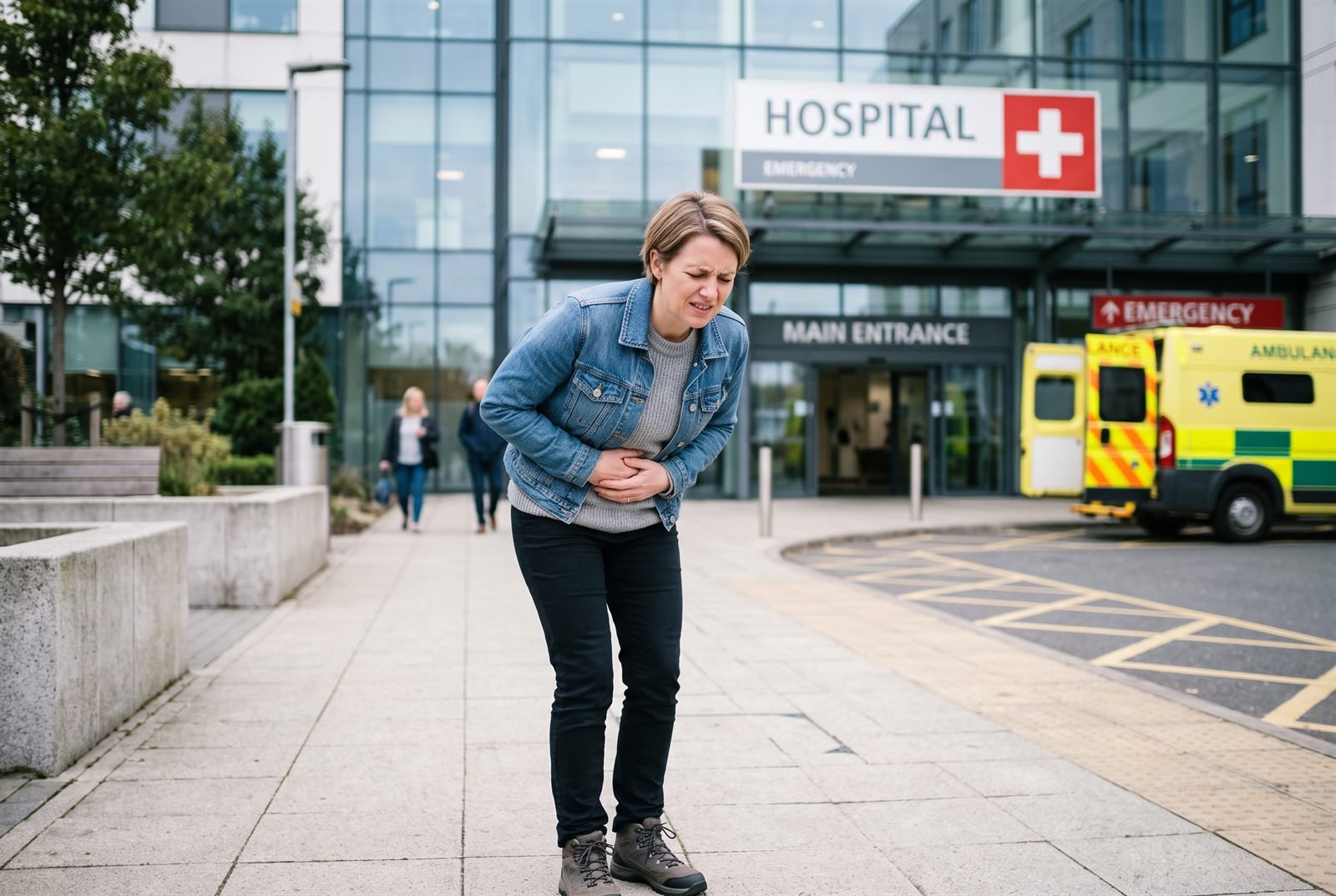 A woman doubled over in abdominal pain outside a hospital emergency entrance, with an ambulance parked nearby